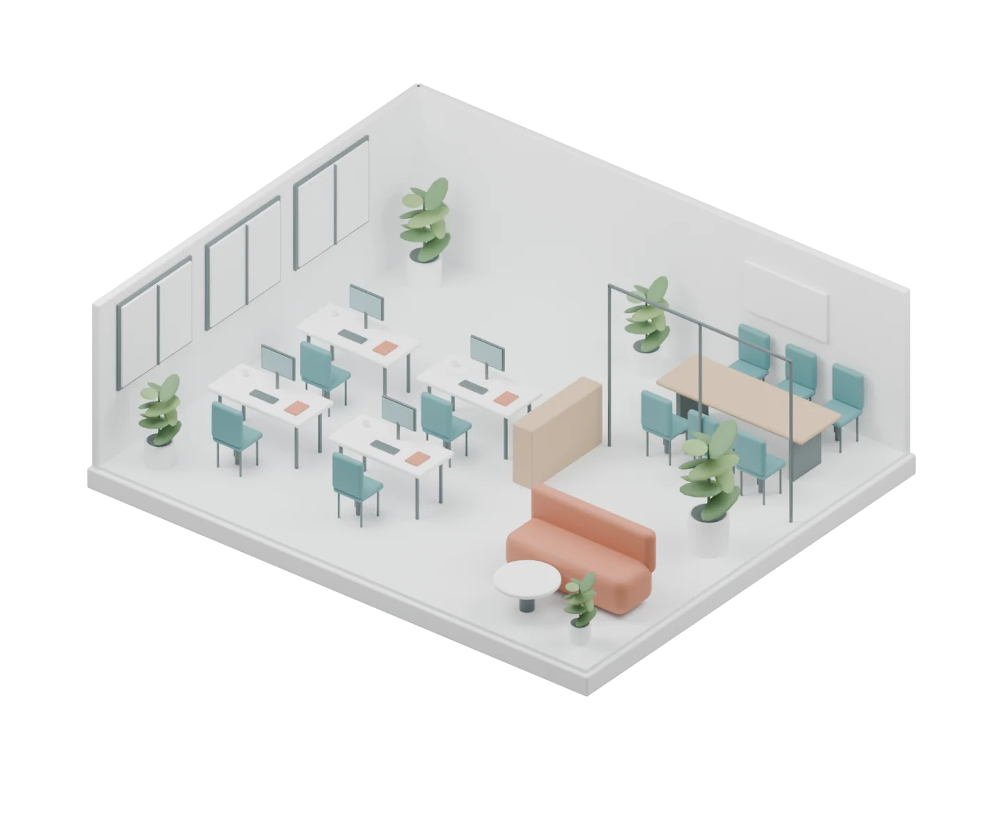 An original architectural cutaway of Harborline: individual desks, a shared team area and a meeting room.